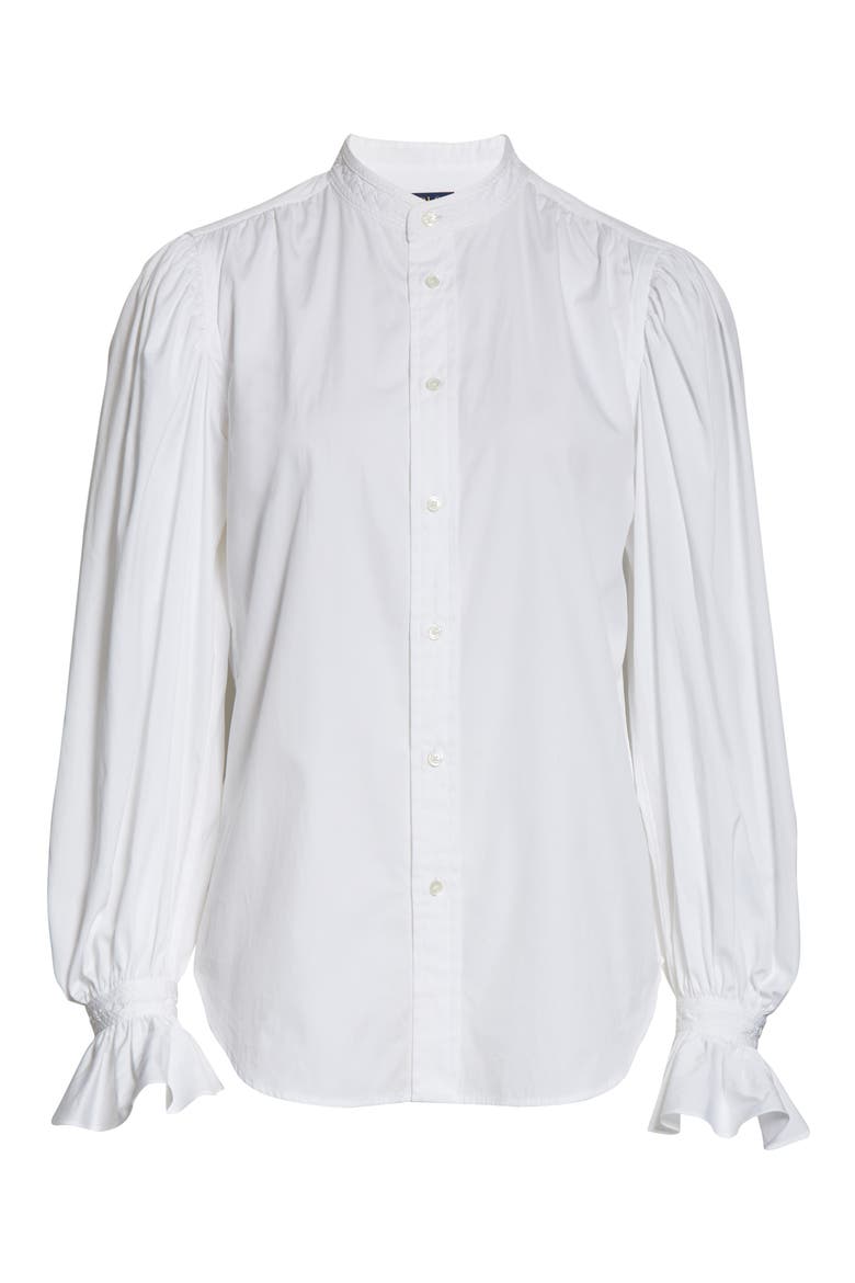 Gretchen Ruffle Sleeve Cotton Button-Up Shirt, Alternate, color, WHITE