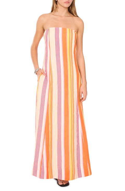 Stripe Strapless Linen Blend Maxi Dress