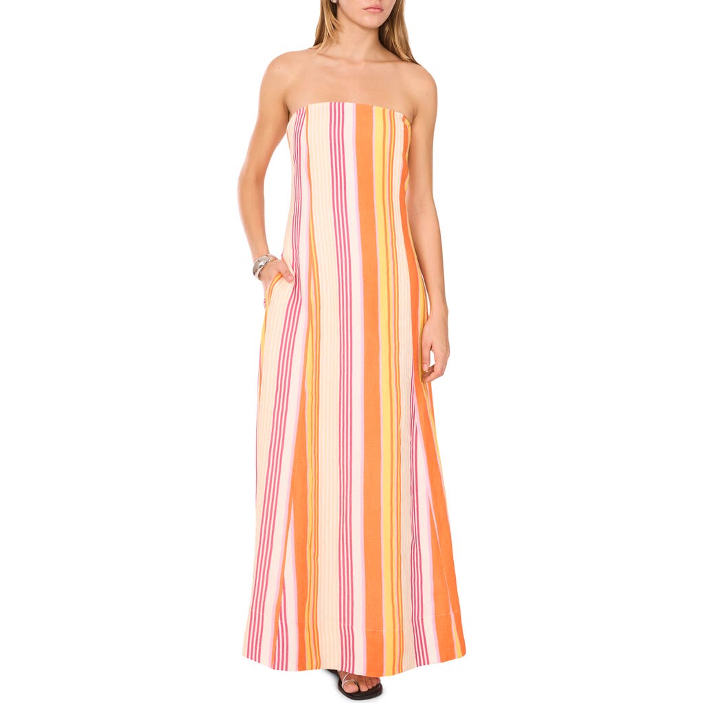 1.state Stripe Strapless Linen Blend Maxi Dress In Peach Cream