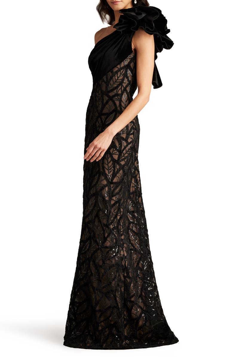 Tadashi Shoji Flower Detail Sequin Lace One-Shoulder Gown, Alternate, color, 