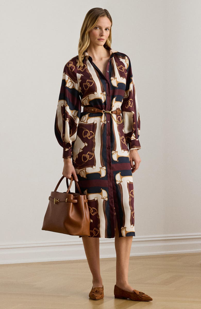 Lauren Ralph Lauren Equestrian Print Long Sleeve Twill Midi Shirtdress, Alternate, color, Navy/ Cream Multi