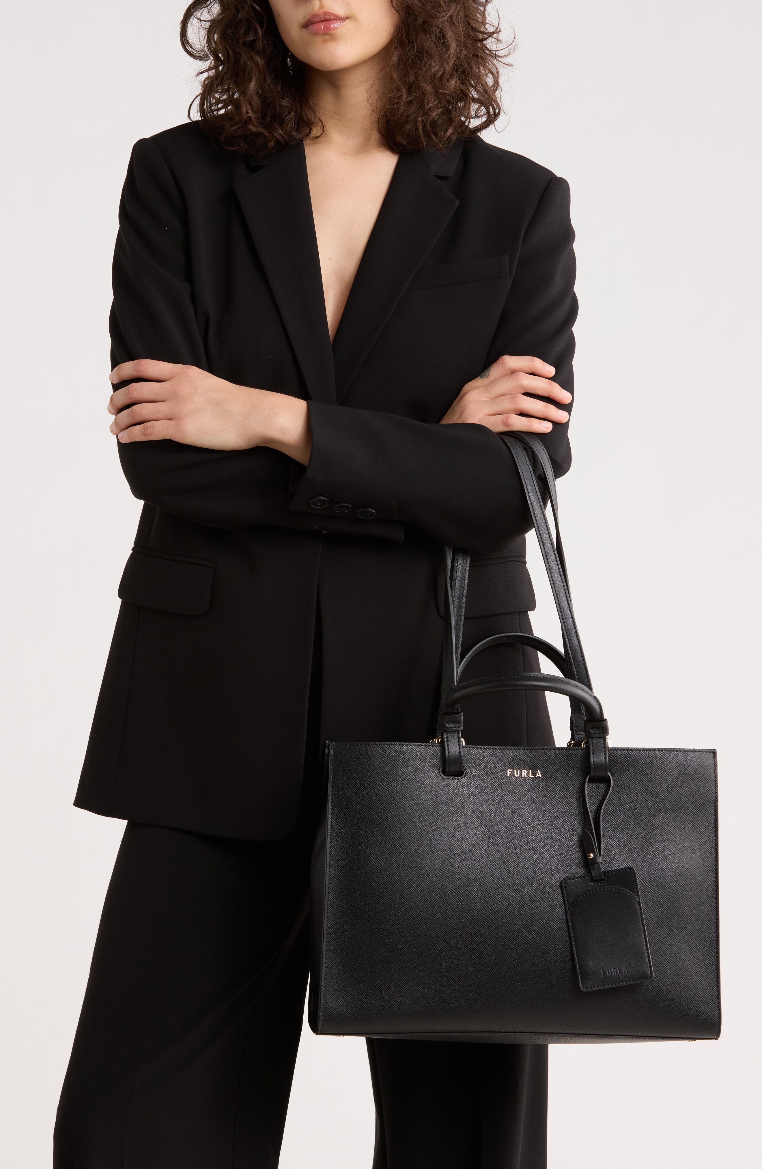 Furla Deva Leather Tote, Alternate, color, Nero