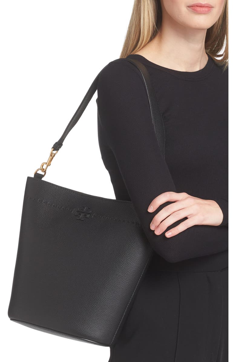Tory Burch McGraw Leather Bucket Bag, Alternate, color, Black