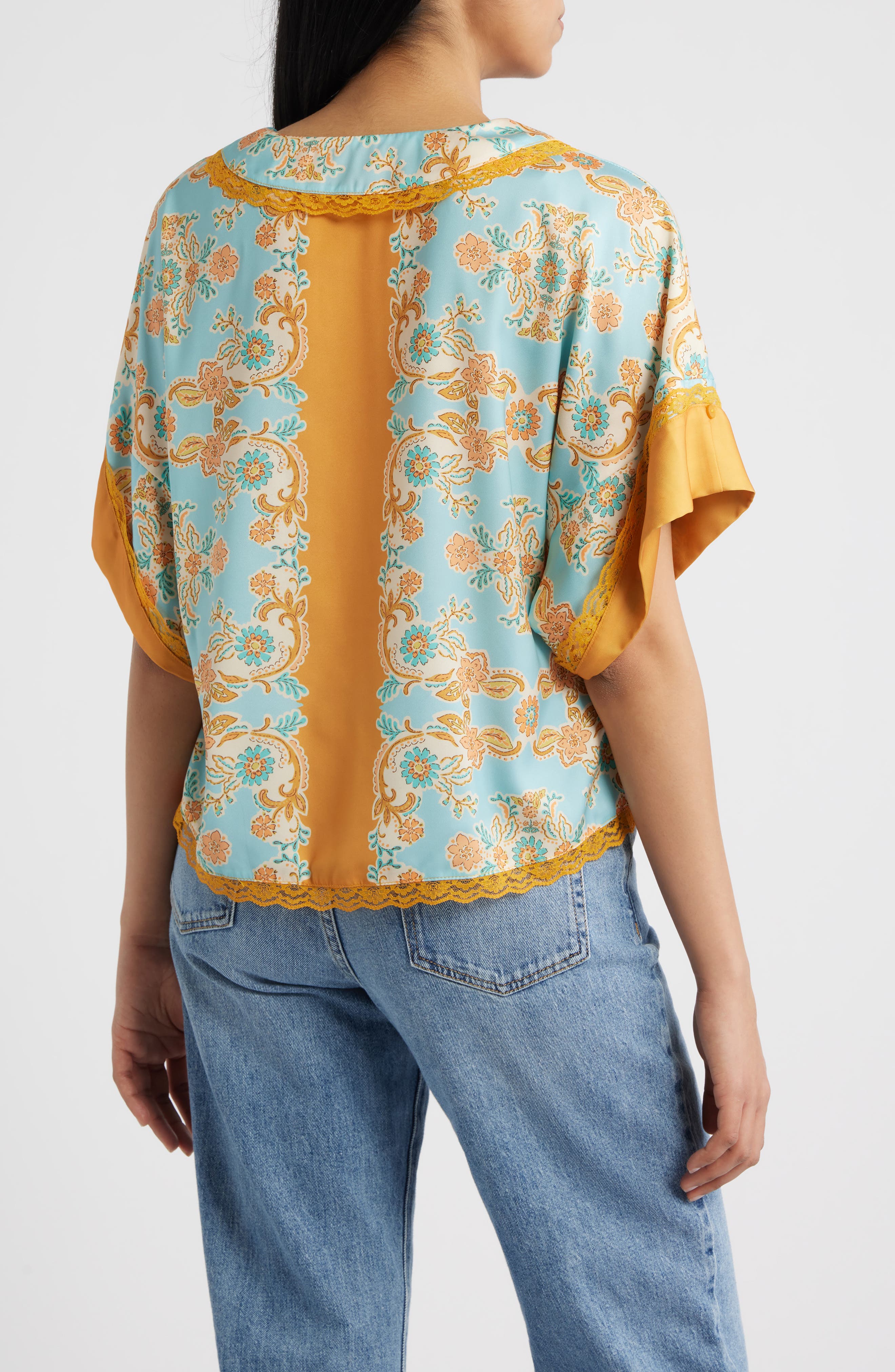 Lace Trim Print Dolman Sleeve Top - image 2