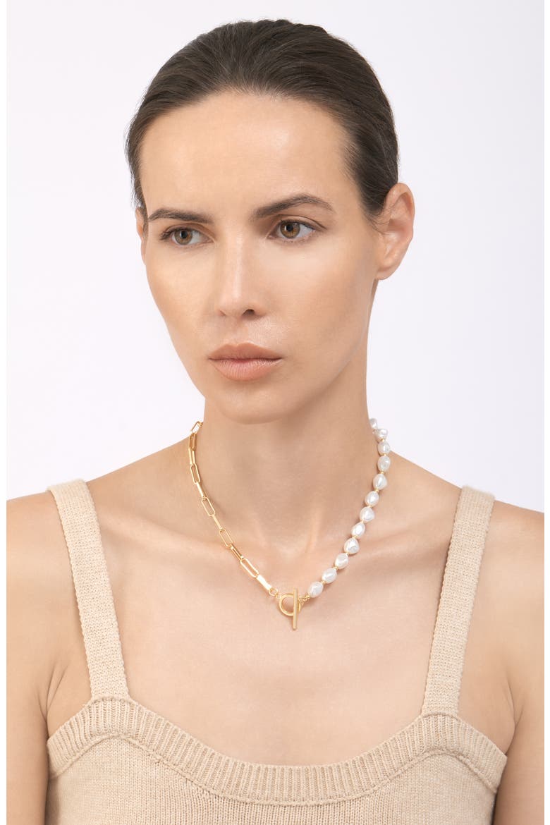 Imitation Pearl & Paperclip Link Toggle Necklace, Alternate, color, WHITE