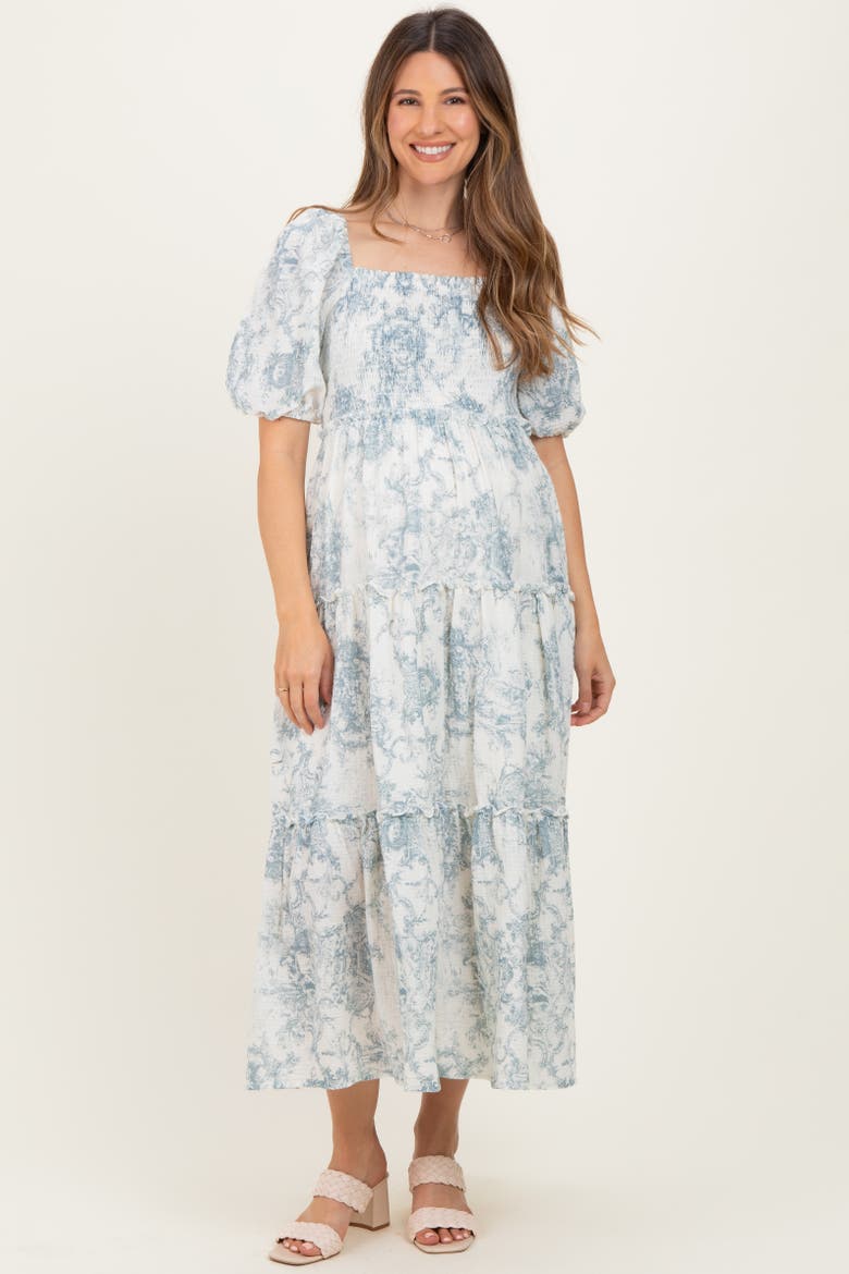 Vintage Floral Puff Sleeve Tiered Maxi Dress, Alternate, color, Blue