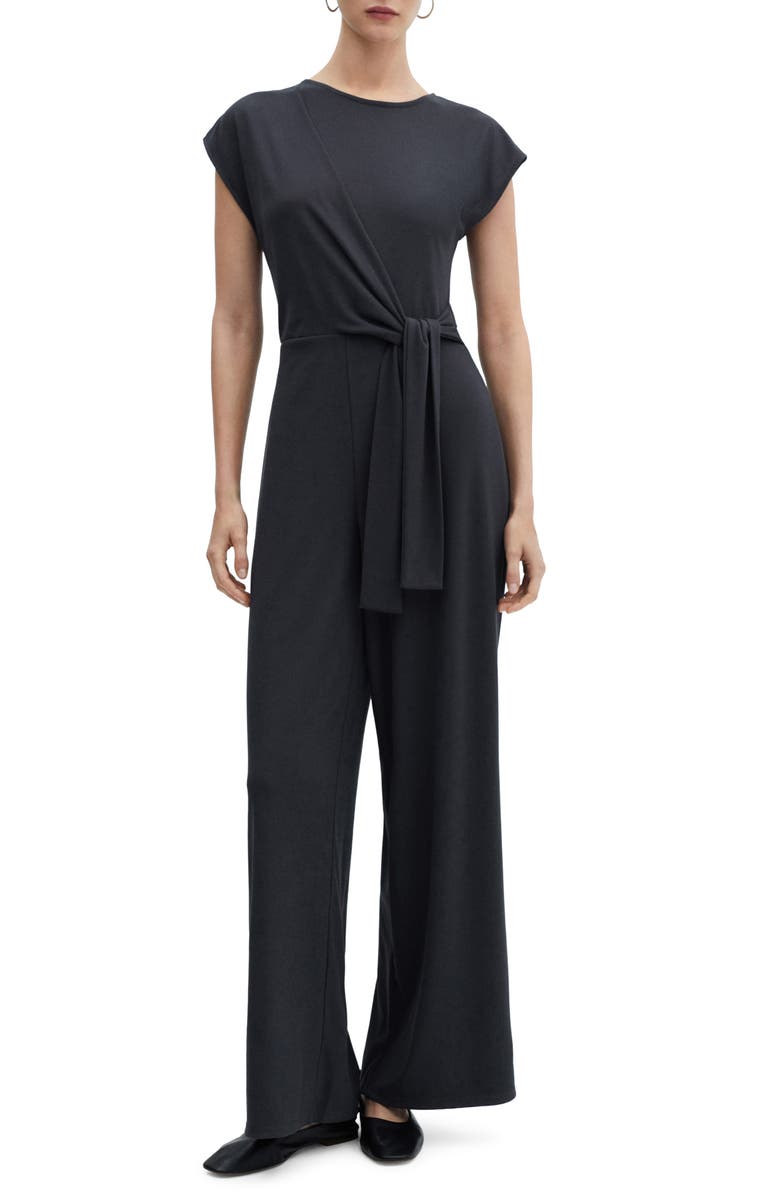 MANGO Tie Waist Faux Wrap Wide Leg Jumpsuit, Main, color, 