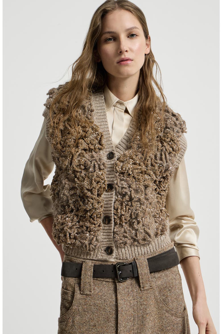 Handmade Dazzling blossom OPERA knit vest in soft virgin wool and cashmere, Alternate, color, Light Brown