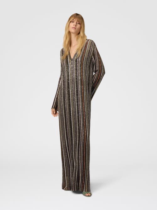 Missoni Long Dress With V-neck And Herringbone Stripe Knit In Multi