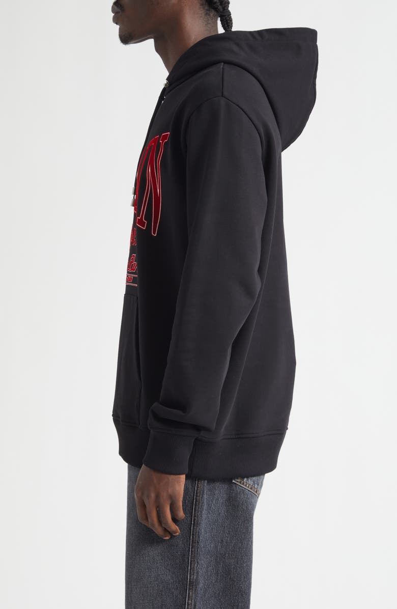 Balmain Flocked College Flag Appliqué Terry Cloth Hoodie, Alternate, color, Black/ Red