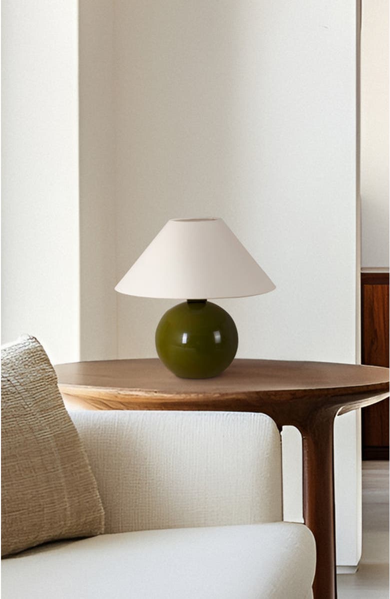 Brightech Fiona 11" Round Ceramic Coastal LED Bedside Table Lamp with Classic Empire Shade, Alternate, color, Olive Green