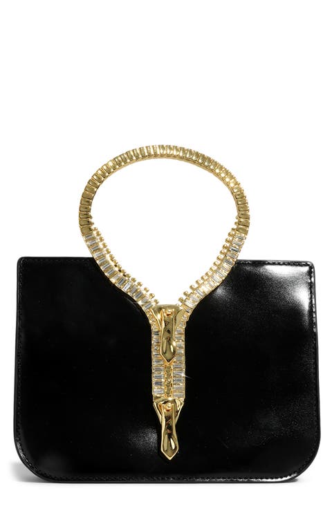Zipper Leather Top Handle Clutch