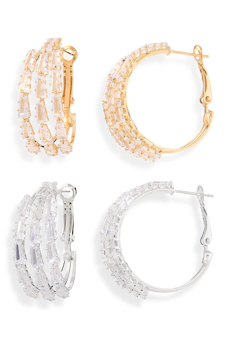 Set of 2 Baguette 3-Row Hoop Earrings, Main, color, GOLD/ SILVER