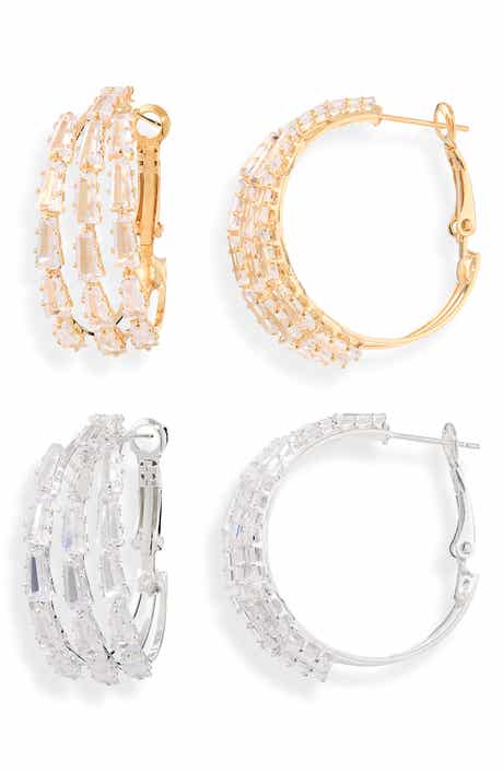 Set of 2 Baguette 3-Row Hoop Earrings