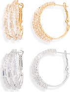 NATASHA Set of 2 Baguette 3-Row Hoop Earrings