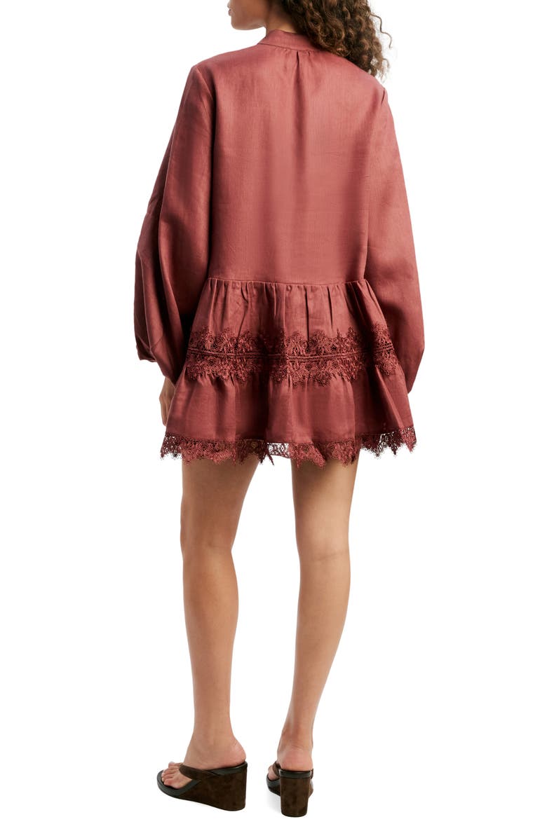 Bardot Antonia Lace Trim Long Sleeve Linen Minidress, Alternate, color, Chestnut