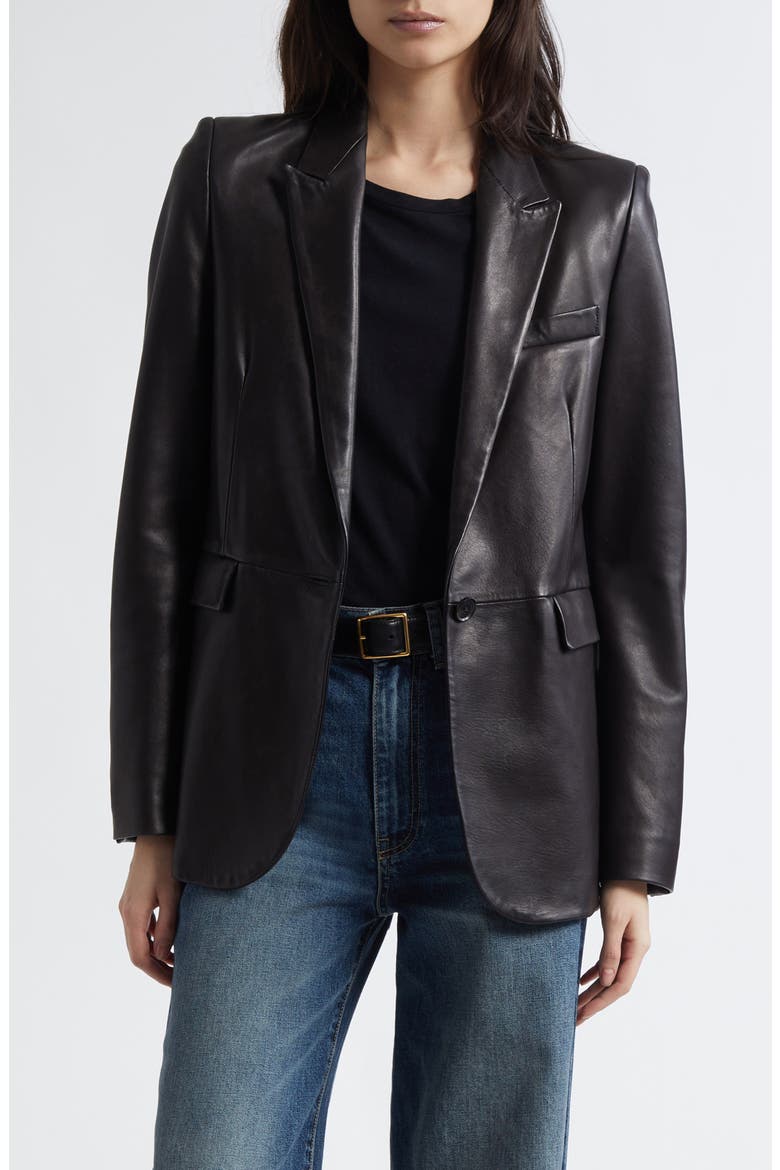 Belmonde One-Button Lambskin Leather Blazer, Main, color, BLACK