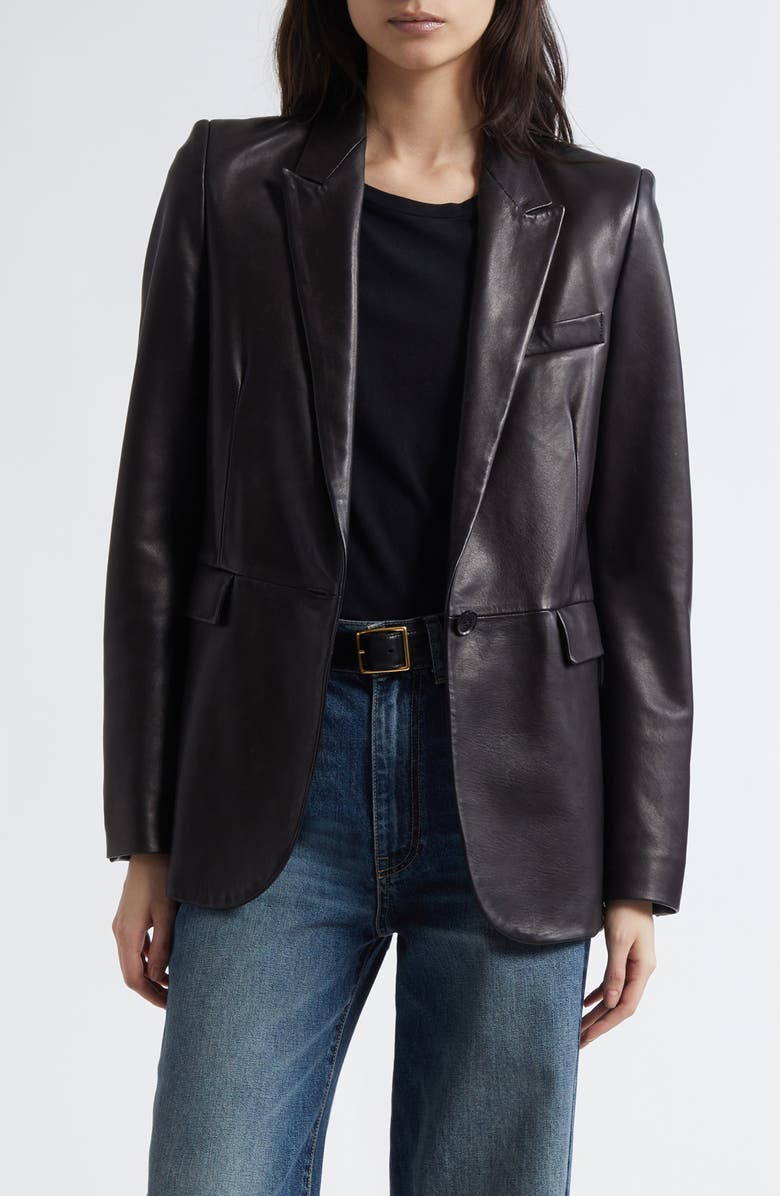 Nili Lotan Belmonde One-Button Lambskin Leather Blazer, Main, color, Black