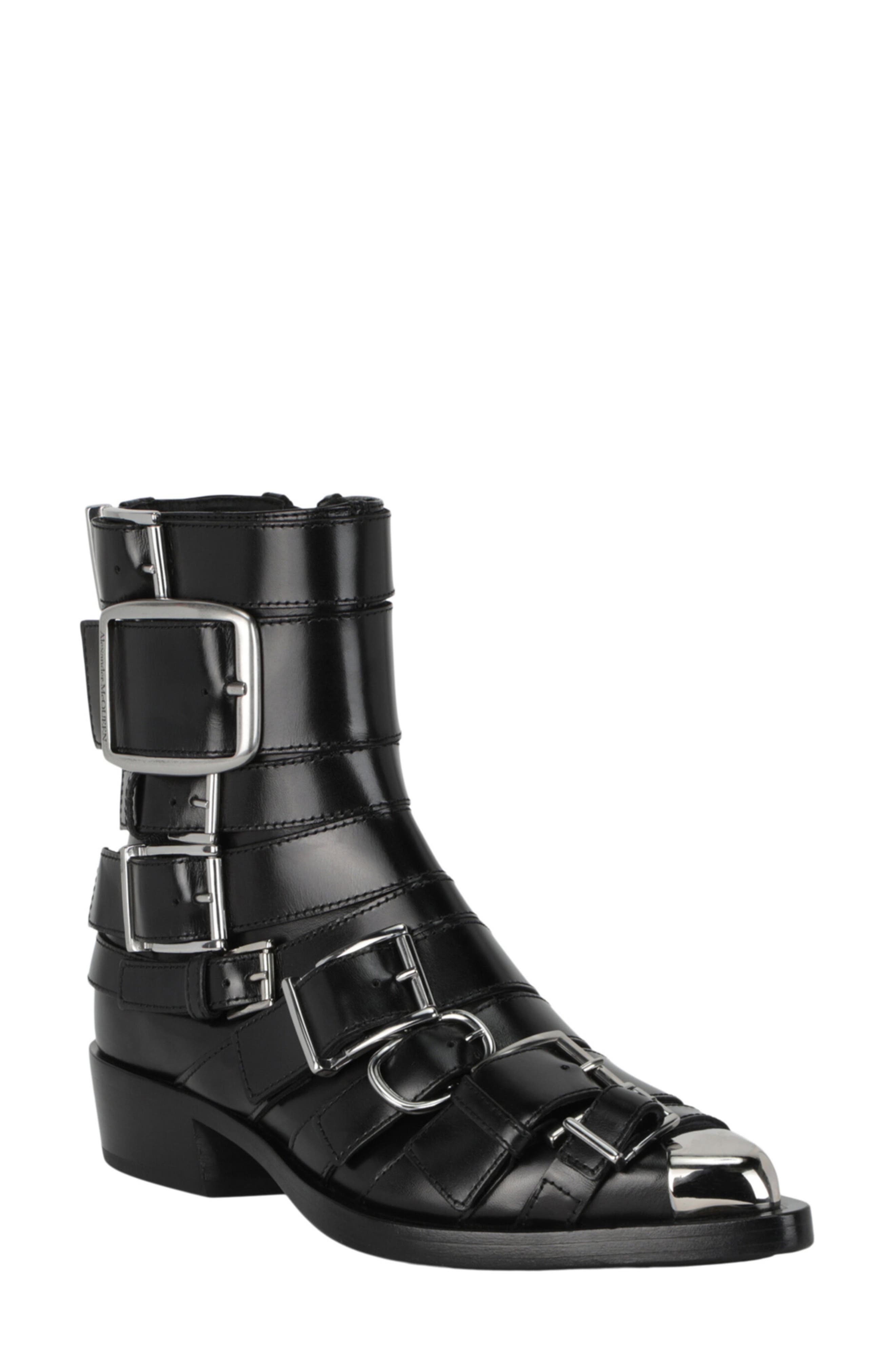 McQueen Strappy Punk Ankle Bootie, Main, color, Black Silver