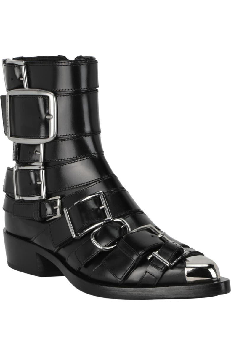 McQueen Strappy Punk Ankle Bootie, Main, color, Black Silver