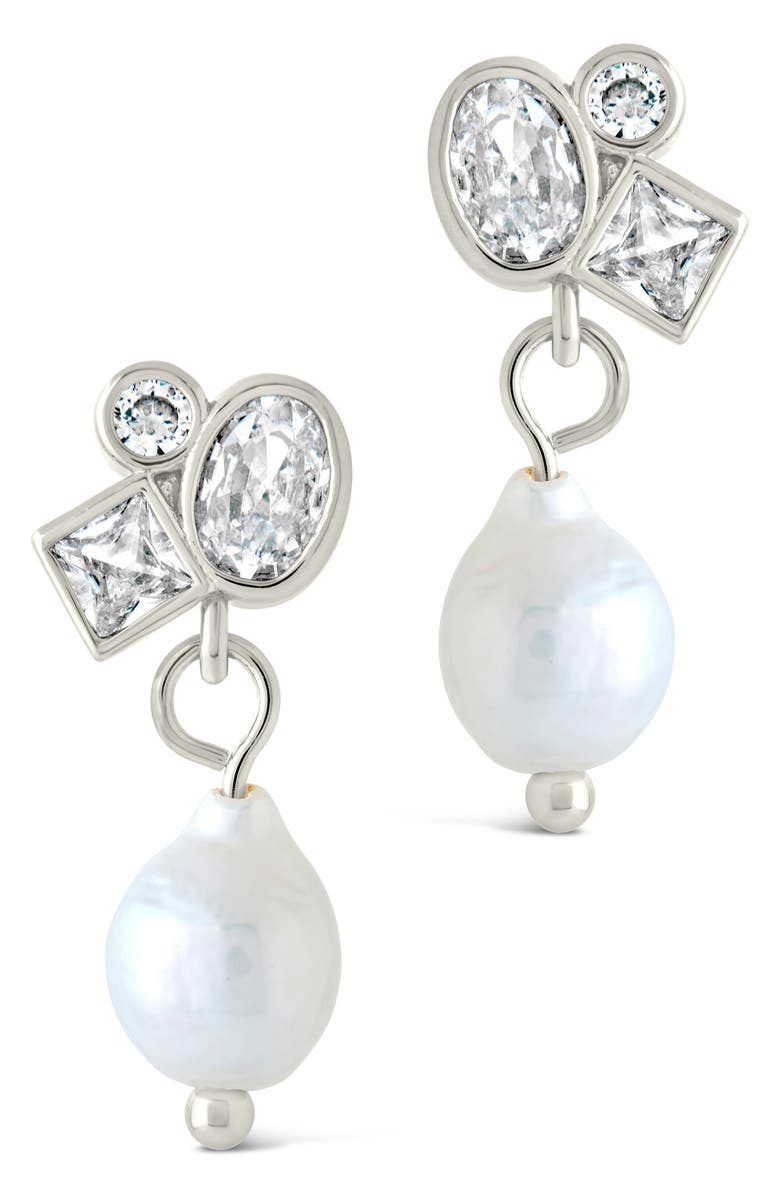Sterling Forever Penny Cubic Zirconia Cluster & Freshwater Pearl Drop Earrings, Alternate, color, Silver