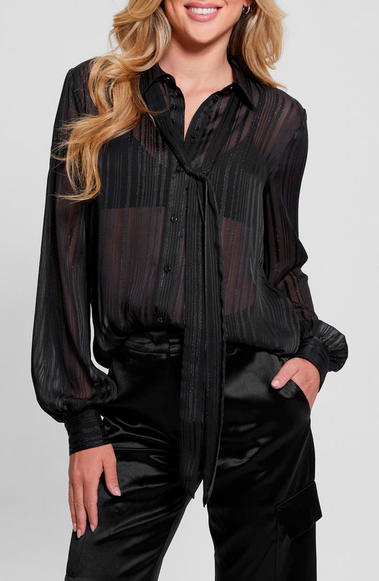 GUESS Oriane Tie Neck Metallic Tonal Stripe Satin Button-Up Shirt, Main, color, Jet Black