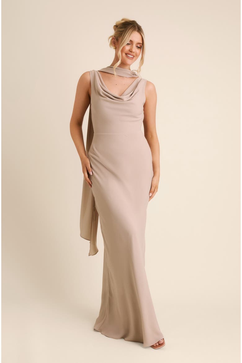 Plunge Cowl Chiffon Bridesmaid Dress, Alternate, color, Truffle
