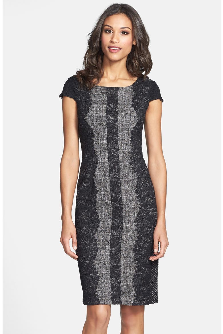 Lace Trim Tweed Sheath Dress, Alternate, color, BLACK/ GREY
