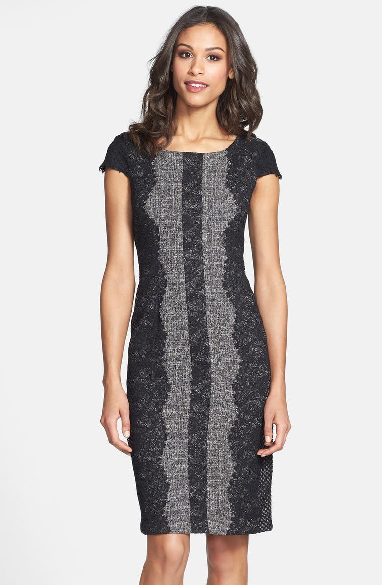 Betsey Johnson Lace Trim Tweed Sheath Dress, Alternate, color,