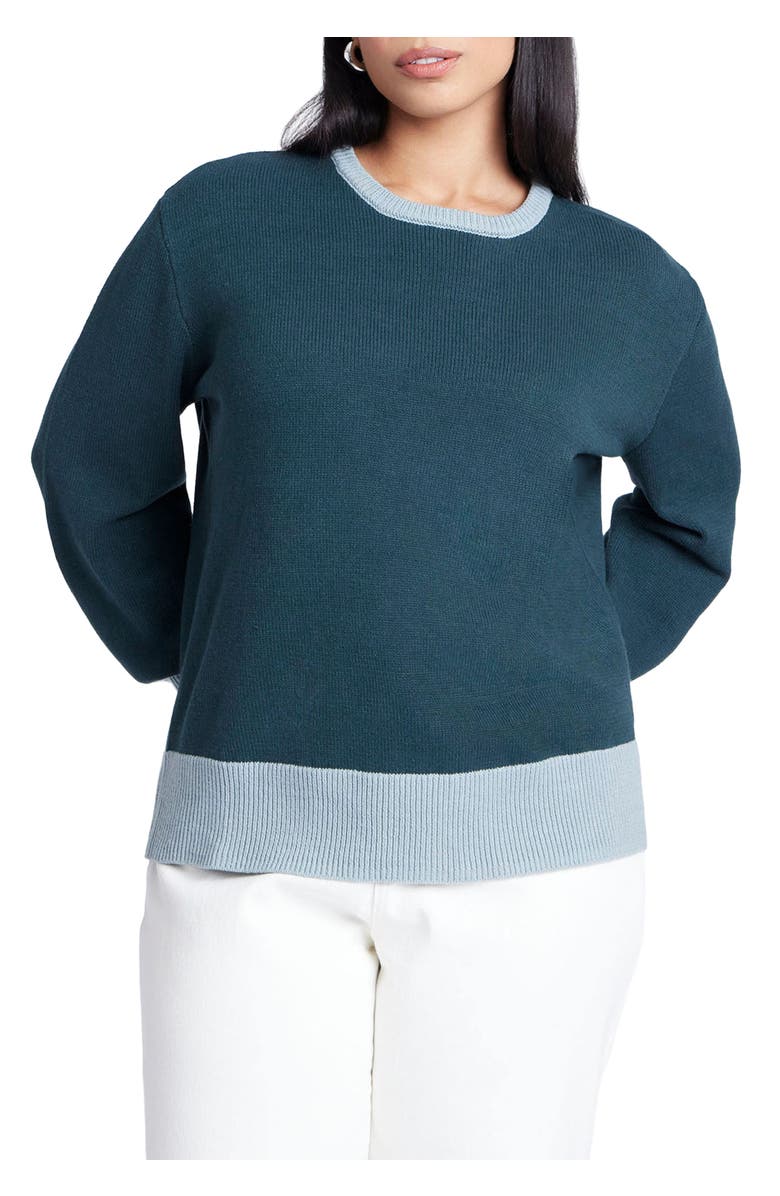 ELOQUII Contrast Rib Sweater, Main, color, Rain Forest Green Mineral Blue