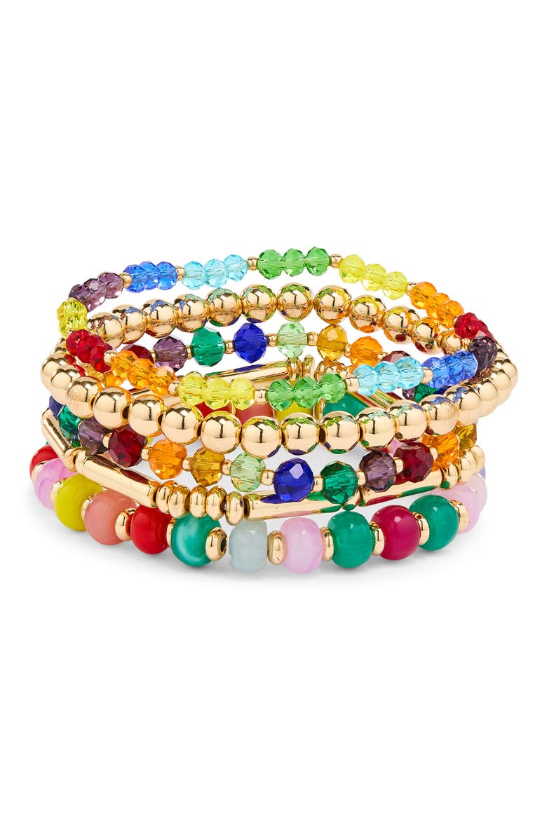 Set of 5 Mixed Bead Bracelets, Main, color, RED MULTI- GOLD