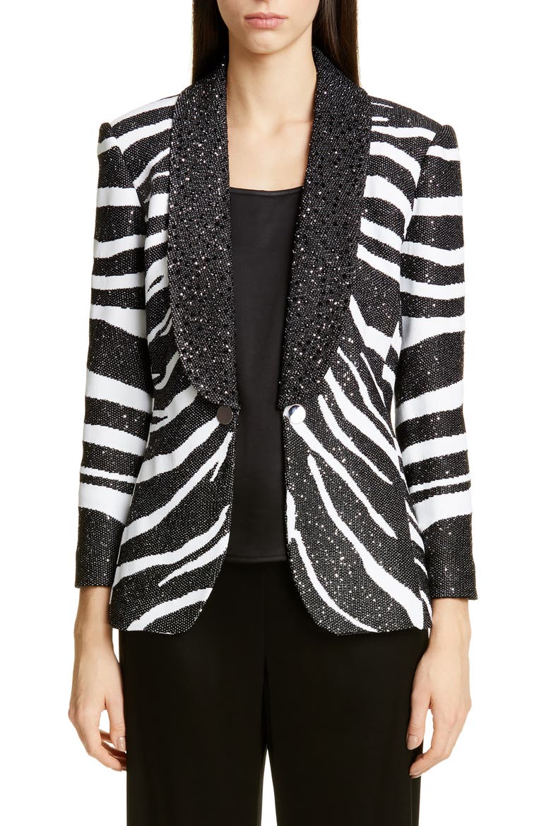 Sequin Zebra Jacquard Knit Jacket, Main, color, CAVIAR/ WHITE