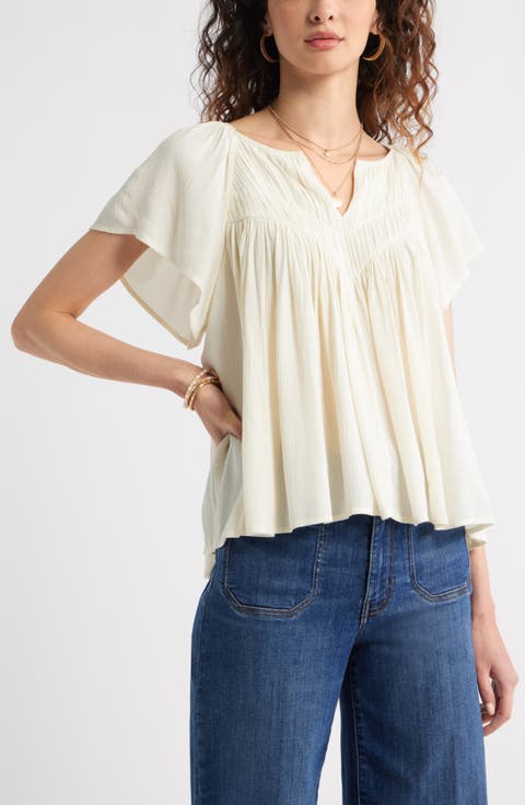 Shirred Raglan Sleeve Gauze Top