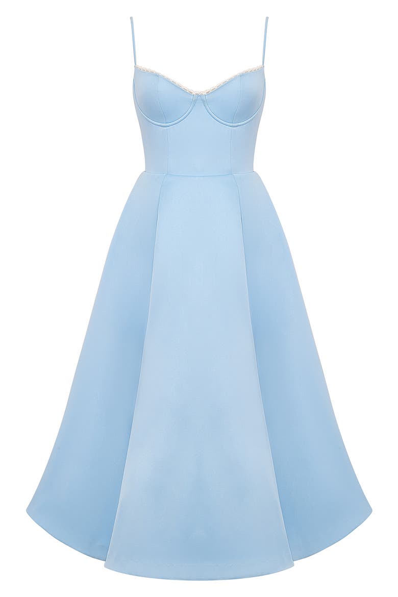 Mademoiselle Bustier Stretch Satin Midi Dress, Alternate, color, CINDERELLA BLUE