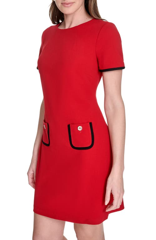 Tommy Hilfiger Short Sleeve Scuba Crepe Contrast Trim Dress In Red