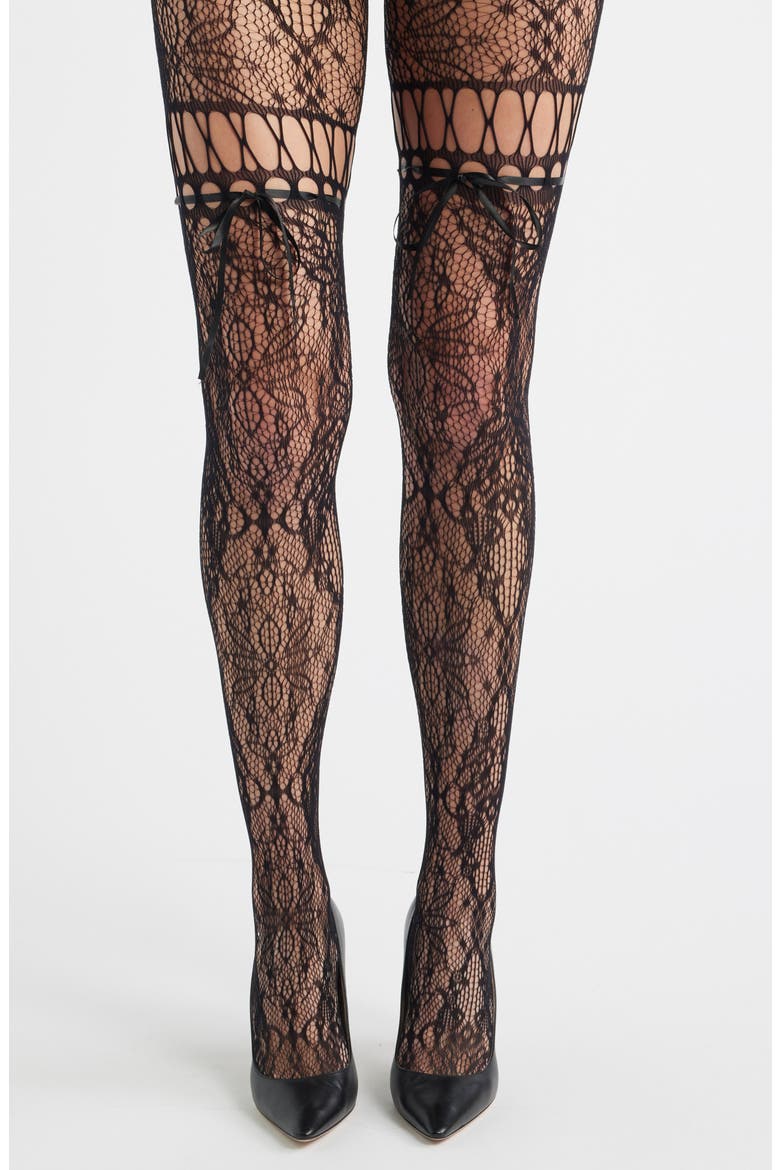 Chevonne Satin Ribbon Lace Fishnet Tights, Alternate, color, BLACK