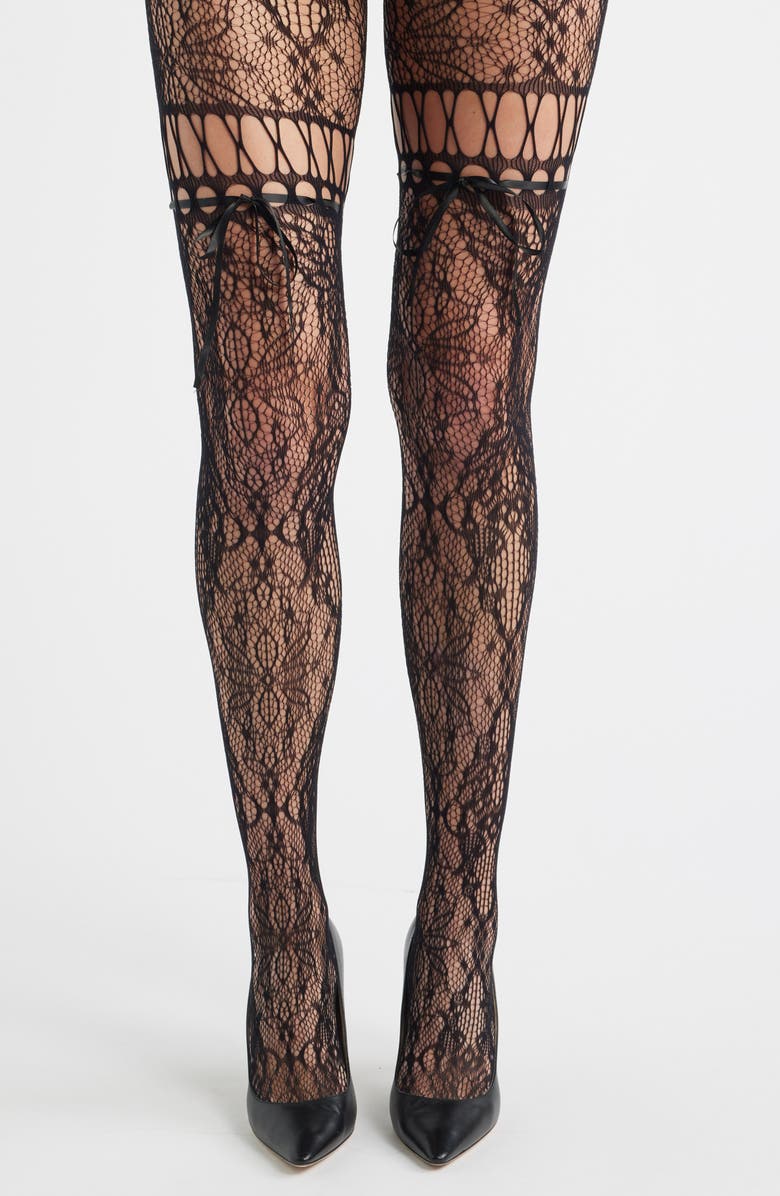 HIGH HEEL JUNGLE Chevonne Satin Ribbon Lace Fishnet Tights, Alternate, color, Black