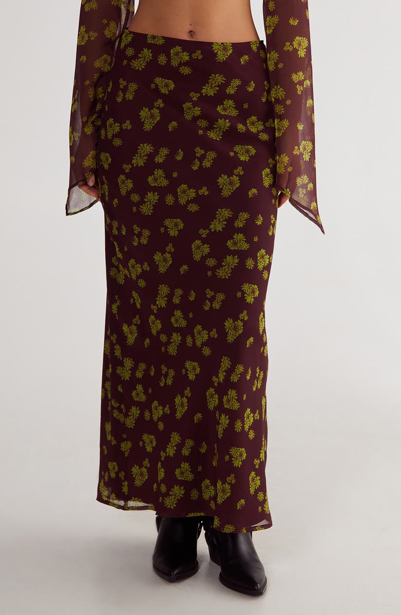 NASTY GAL Ditsy Floral Bias Cut Crinkle Chiffon Maxi Skirt, Main, color, Chocolate