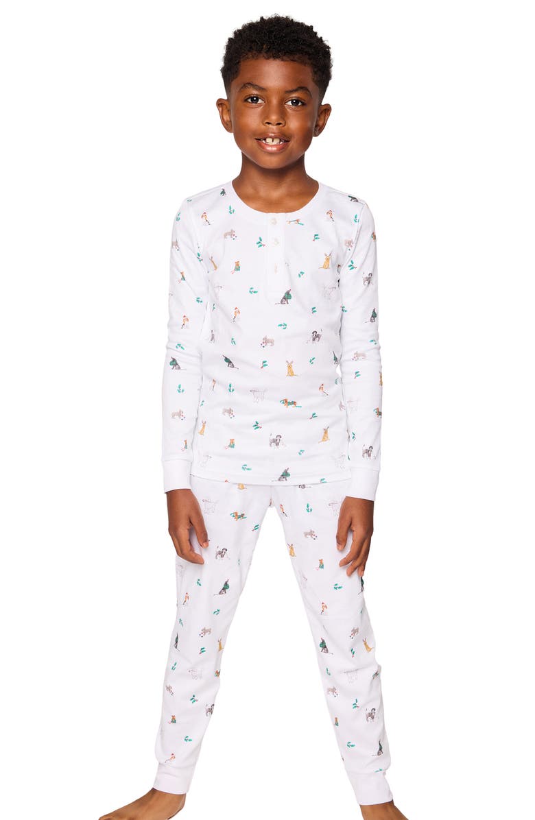 Petite Plume Kids' Jingle Paws Fitted Two-Piece Pima Cotton Pajamas, Alternate, color, White