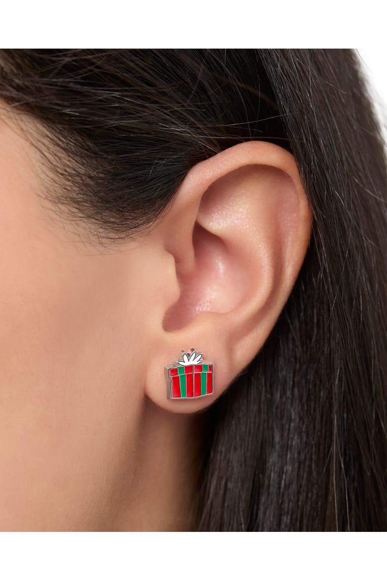 Mickey and Minnie Mouse Holiday Stud Earring Set, Mickey Santa, Peppermint Minnie and Gift Box, Alternate, color, Red, green
