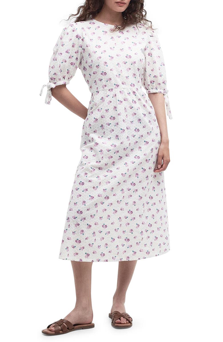 Barbour Goodleigh Floral Puff Sleeve Cotton Midi Dress, Main, color, White/Pink Flowers