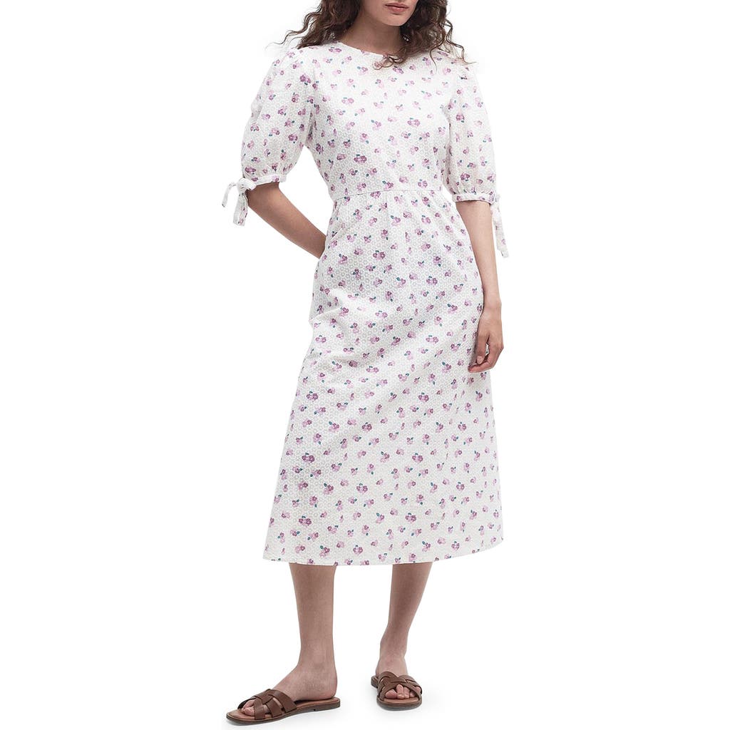 Barbour Goodleigh Floral Puff Sleeve Cotton Midi Dress In White/pink Flowers