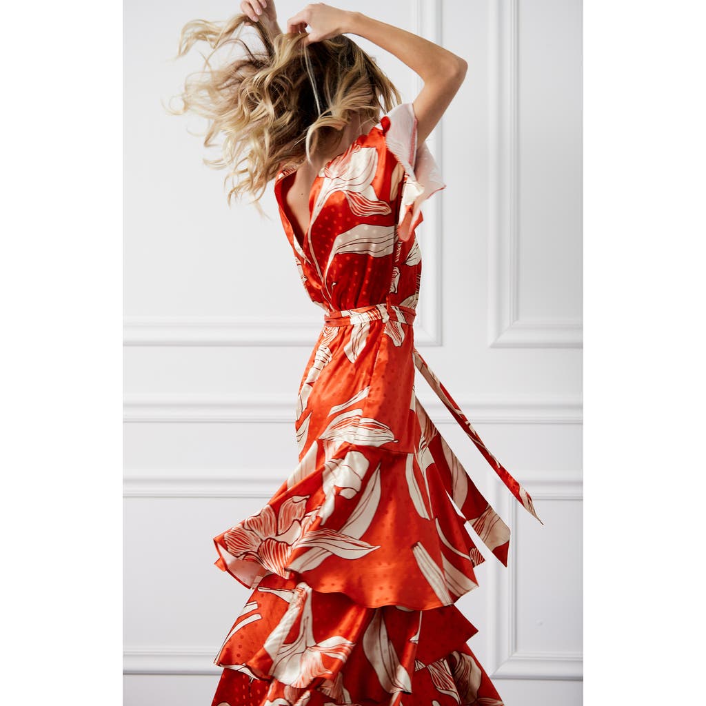 Ciebon Calix Floral Dot Jacquard Tiered Satin Maxi Dress In Red