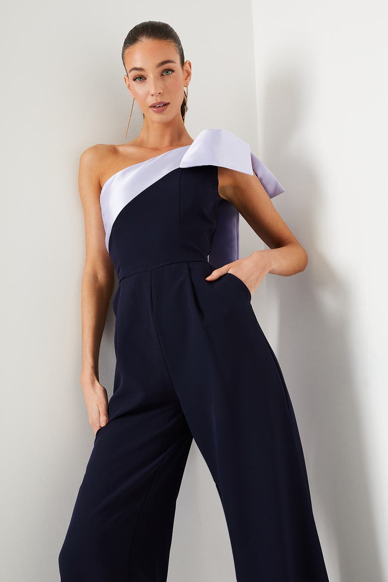 Bow One Shoulder Wide Leg Jumpsuit, Alternate, color, Navy