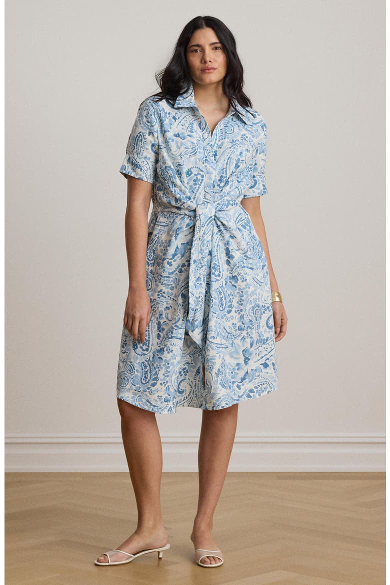 Paisley Print Linen Shirtdress, Alternate, color, WHITE/ BLUE