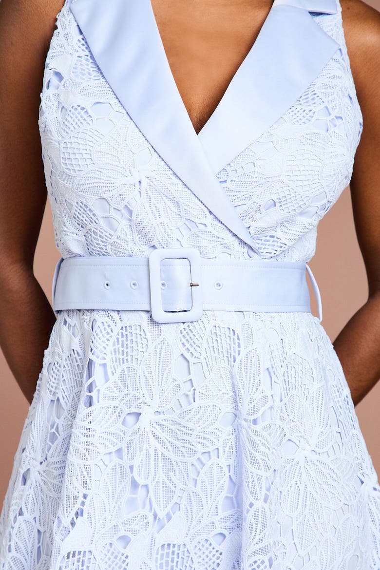 Satin Trim Lace Collard Midi Dress, Alternate, color, Cornflower Blue