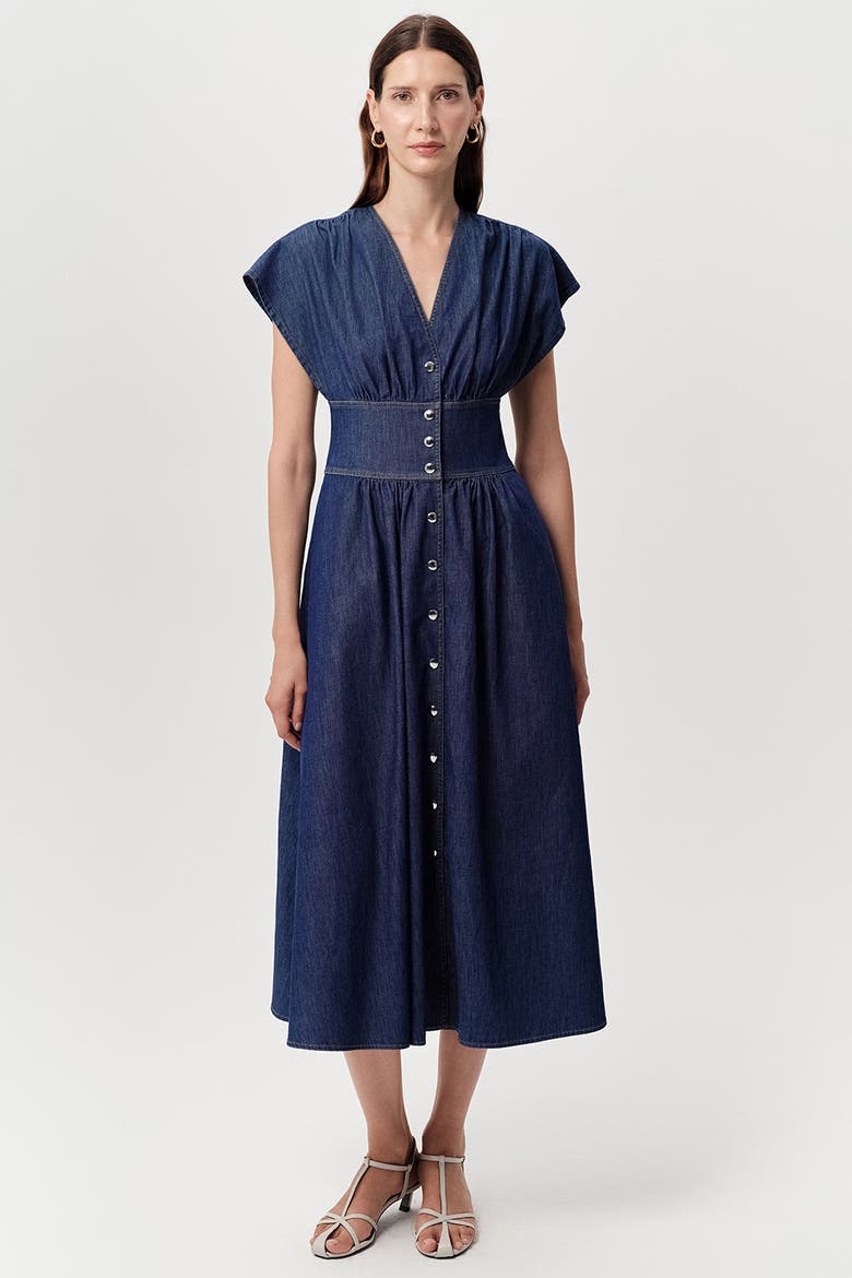 Evan Dropped Short Sleeve Fitted Midi Denim Dress, Main, color, Blue