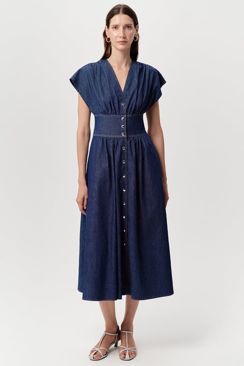 Evan Dropped Short Sleeve Fitted Midi Denim Dress