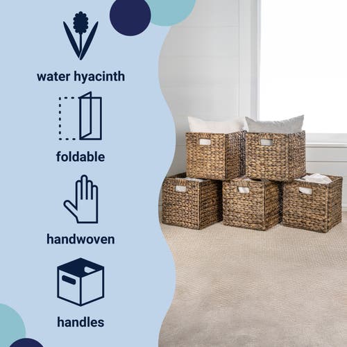 Happimess Bryce Classic Farmhouse Handwoven Hyacinth Collapsible Storage Cube Baskets With Handles, In Woody