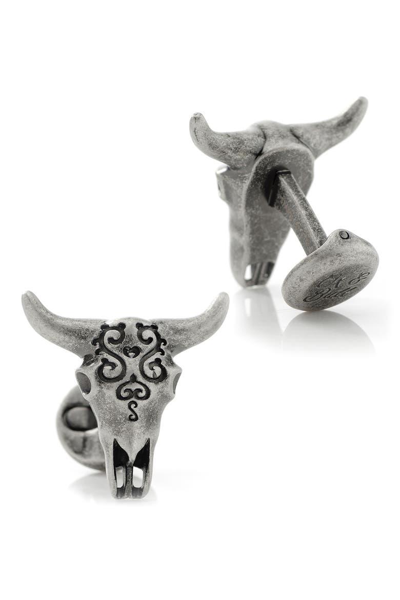 Cow Skull Cuff Links, Alternate, color, SILVER